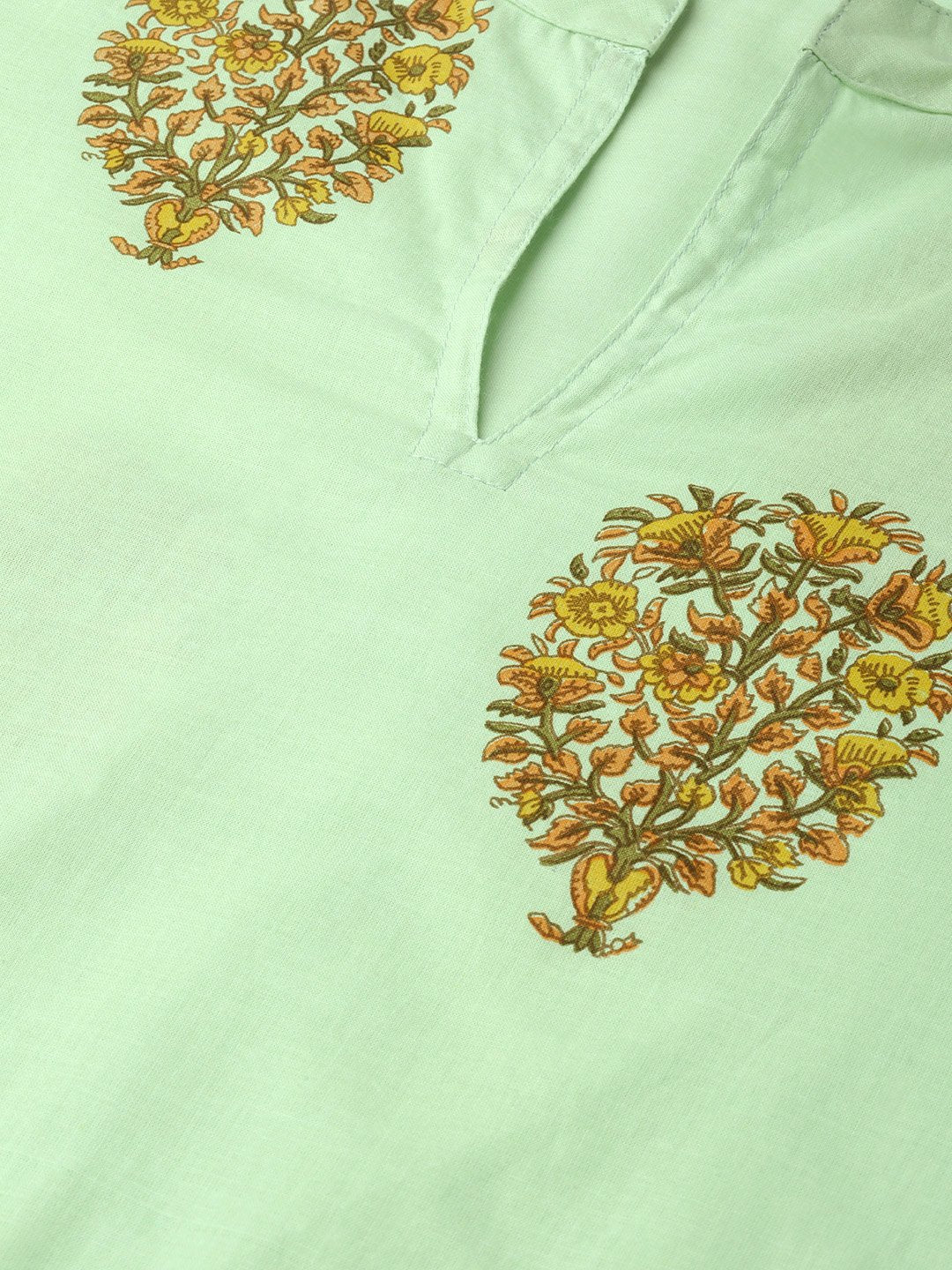 Adults-Women Green & Orange Cotton Straight Floral Printed Kurta | NOZ2TOZ - Made In INDIA.