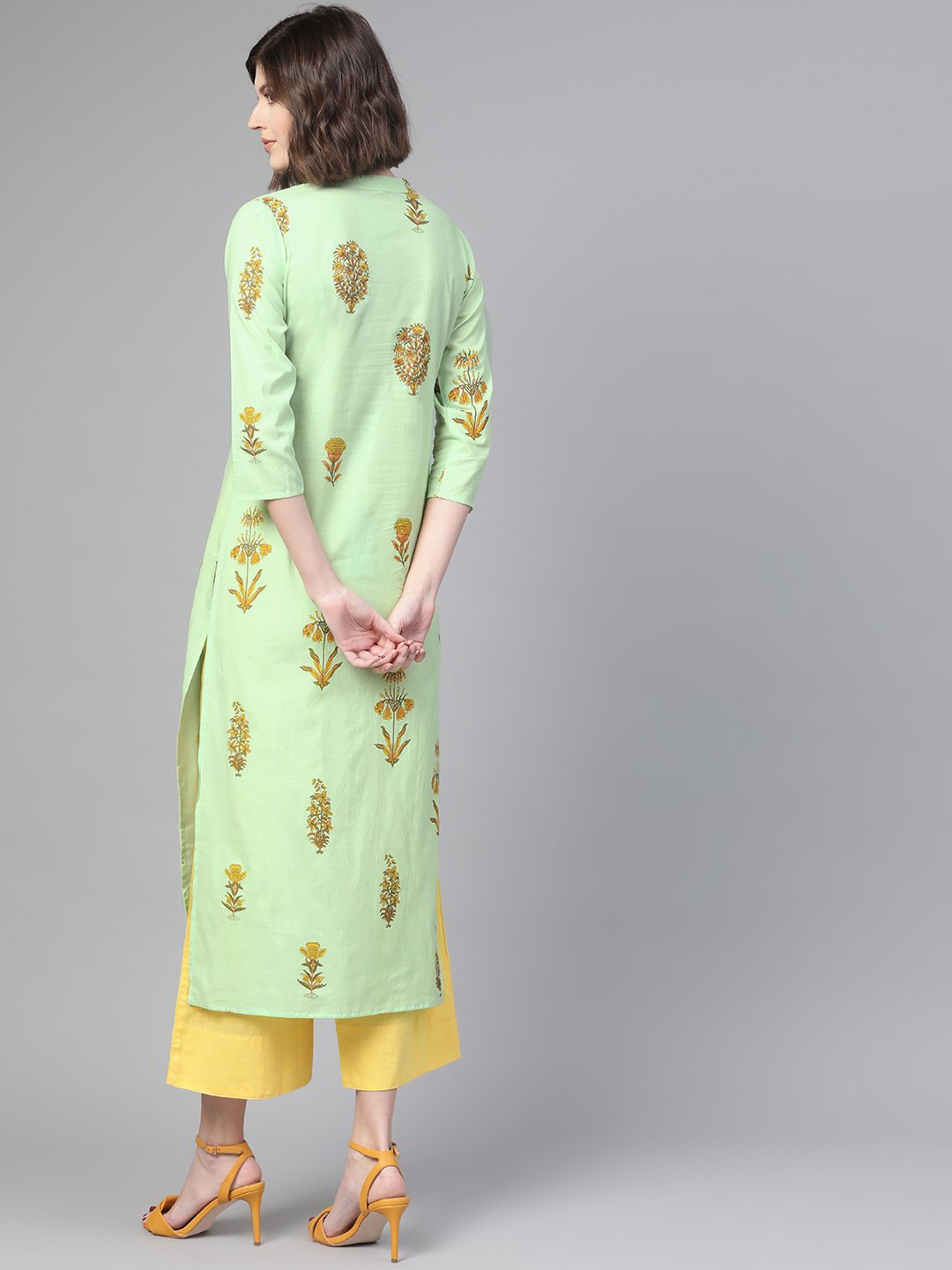 Adults-Women Green & Orange Cotton Straight Floral Printed Kurta | NOZ2TOZ - Made In INDIA.