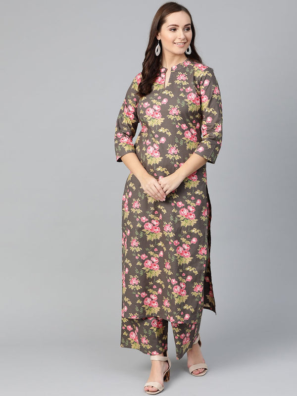 Women Grey & Pink Straight Floral Printed Kurta And Palazzos Set | NOZ2TOZ - Made In INDIA.