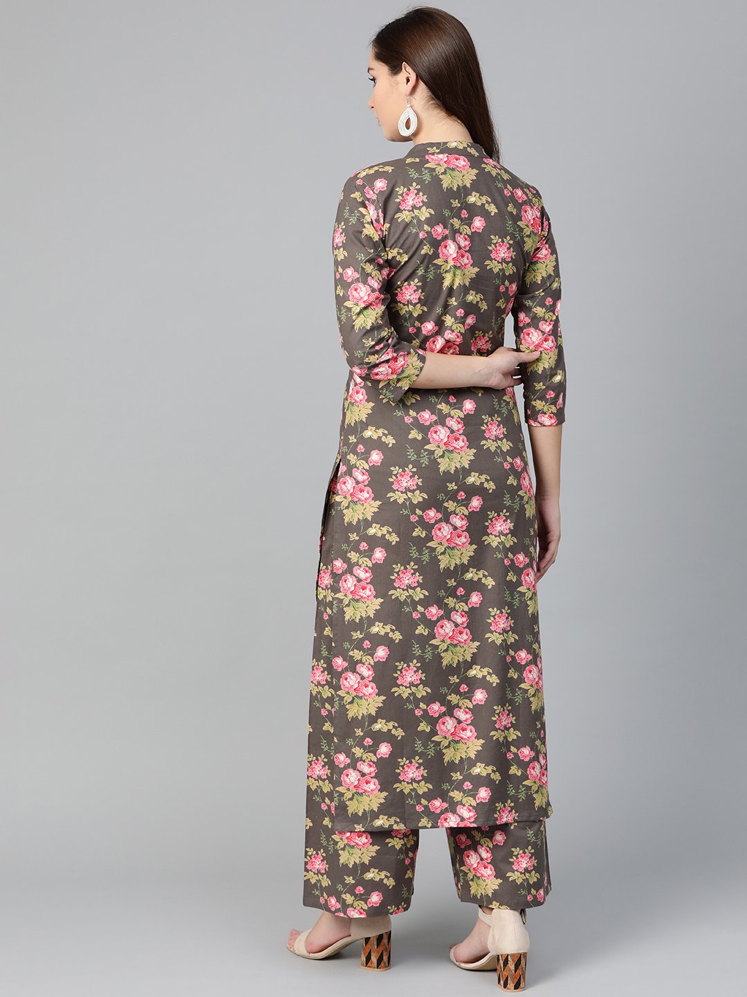 Women Grey & Pink Straight Floral Printed Kurta And Palazzos Set | NOZ2TOZ - Made In INDIA.