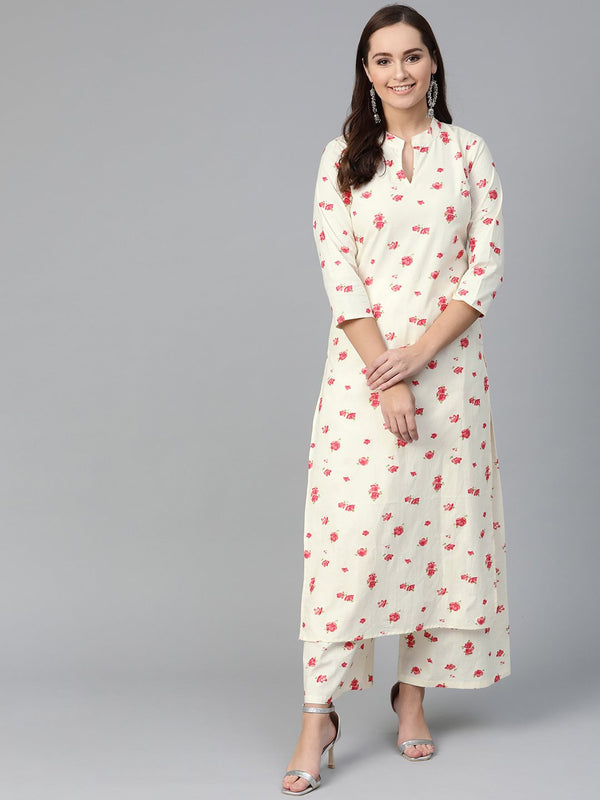 Women Off white & Peach Straight Floral Printed Kurta And Palazzos Set | NOZ2TOZ - Made In INDIA.