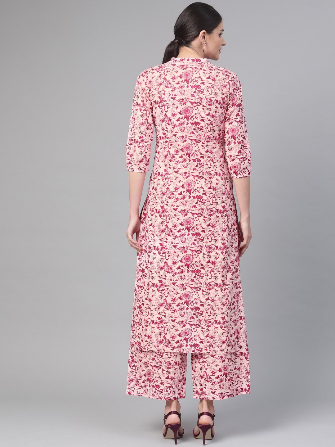 Women Pink & Burgundy Straight Floral Printed Kurta And Palazzos Set | NOZ2TOZ - Made In INDIA.