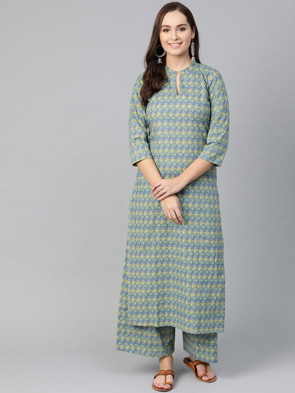 Women Teal & Green Straight Floral Printed Kurta And Palazzos Set | NOZ2TOZ - Made In INDIA.