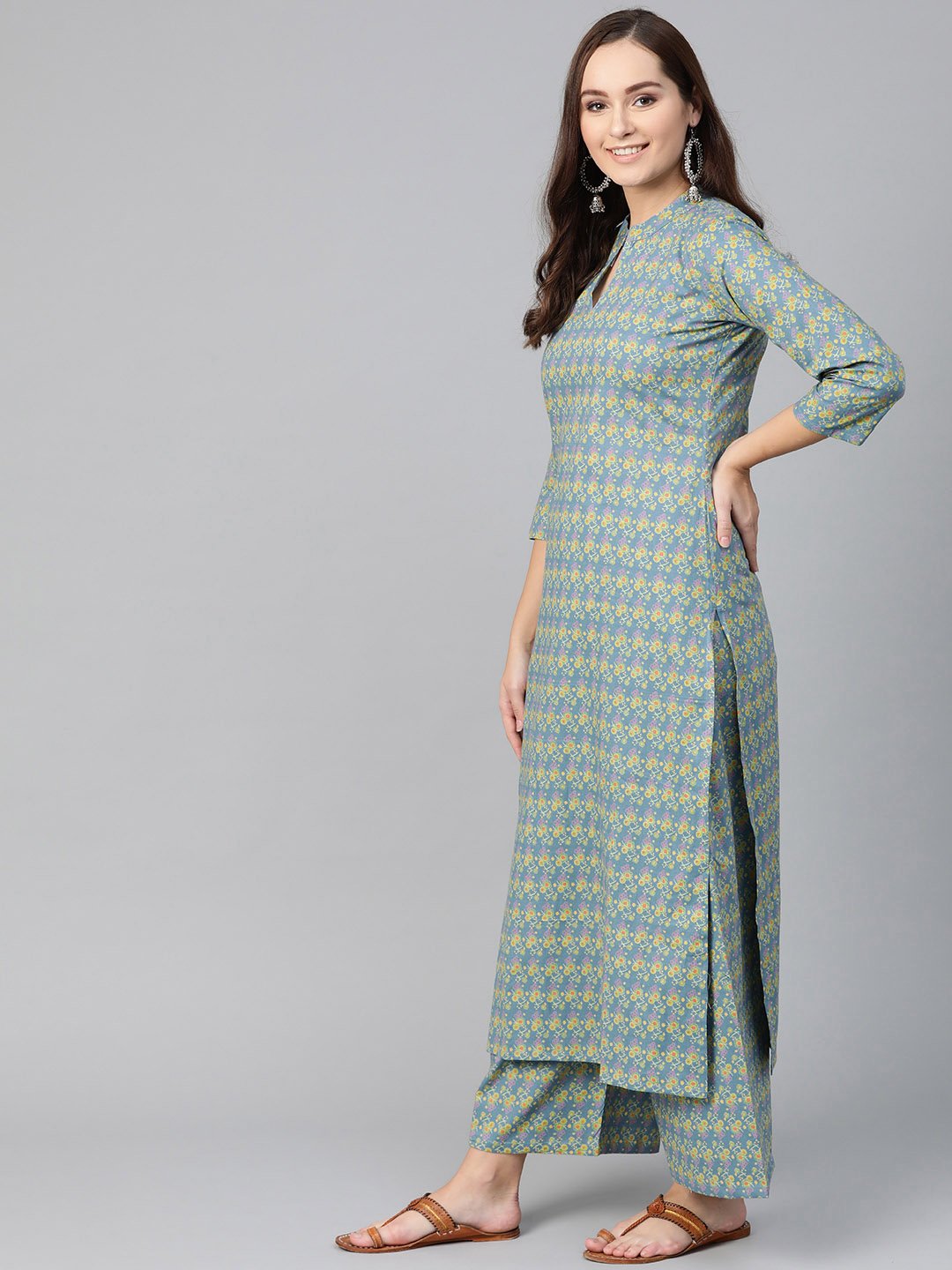 Women Teal & Green Straight Floral Printed Kurta And Palazzos Set | NOZ2TOZ - Made In INDIA.