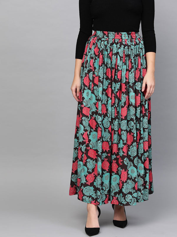 Women Black & Green Floral Printed Flared Skirt | NOZ2TOZ - Made In INDIA.