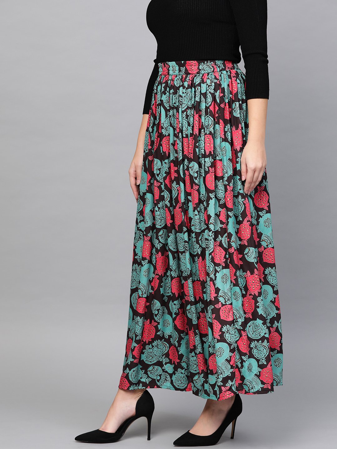 Women Black & Green Floral Printed Flared Skirt | NOZ2TOZ - Made In INDIA.