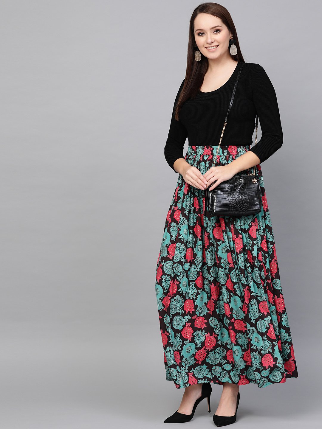 Women Black & Green Floral Printed Flared Skirt | NOZ2TOZ - Made In INDIA.