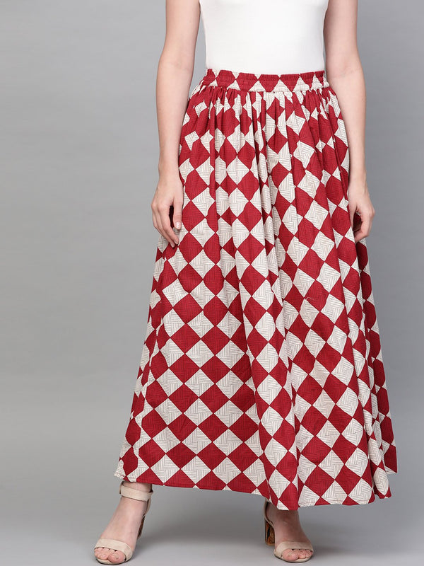 Women Maroon & White Checkerd Printed Flared Skirt | NOZ2TOZ - Made In INDIA.