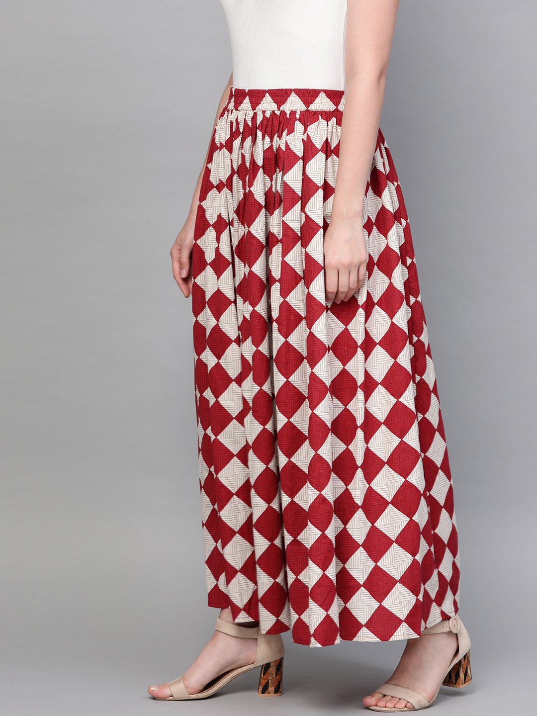 Women Maroon & White Checkerd Printed Flared Skirt | NOZ2TOZ - Made In INDIA.