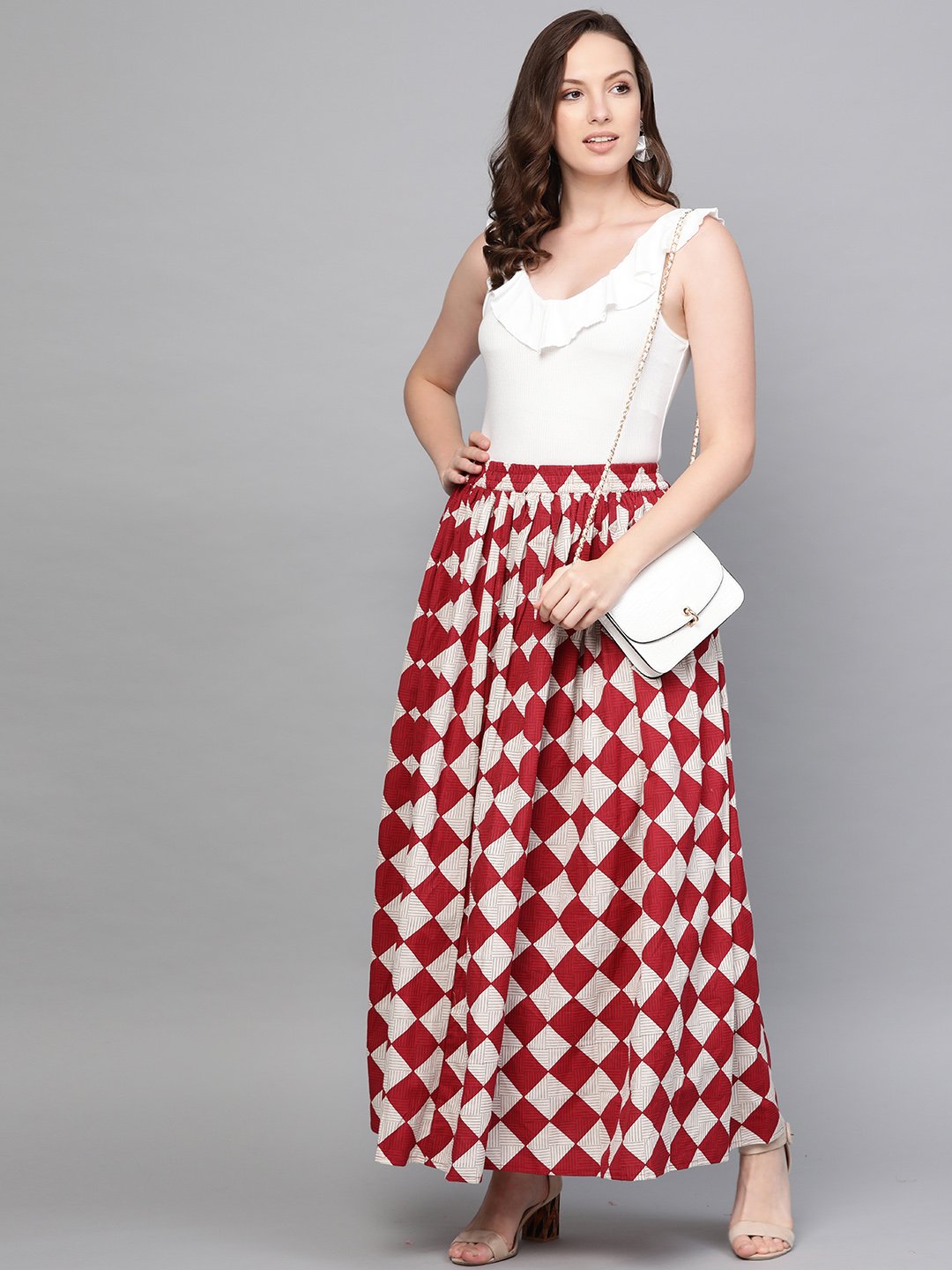 Women Maroon & White Checkerd Printed Flared Skirt | NOZ2TOZ - Made In INDIA.