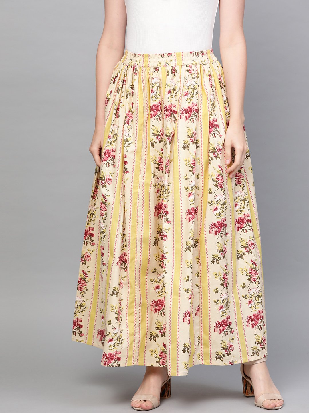 Women Yellow & Pink Floral Printed Flared Skirt | NOZ2TOZ - Made In INDIA.