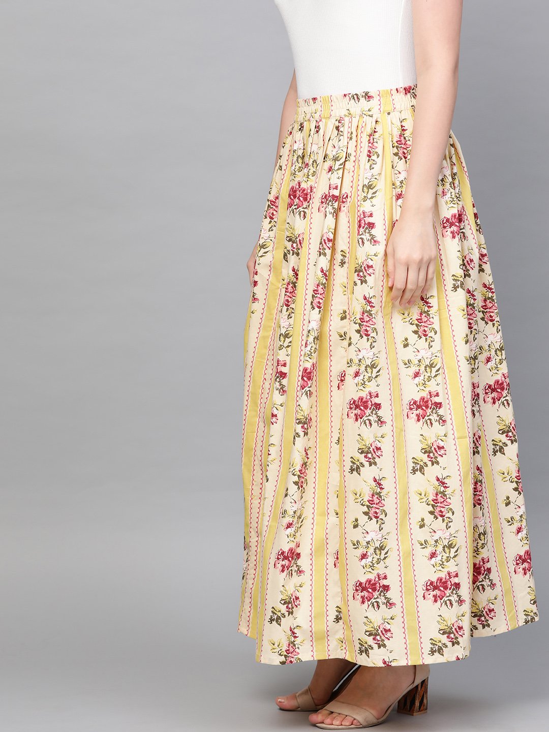 Women Yellow & Pink Floral Printed Flared Skirt | NOZ2TOZ - Made In INDIA.