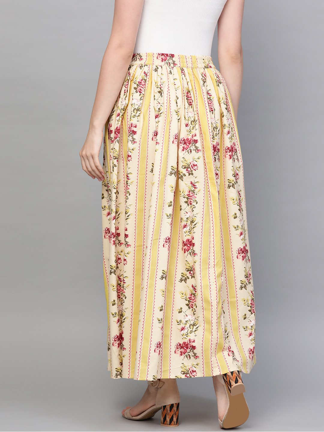 Women Yellow & Pink Floral Printed Flared Skirt | NOZ2TOZ - Made In INDIA.