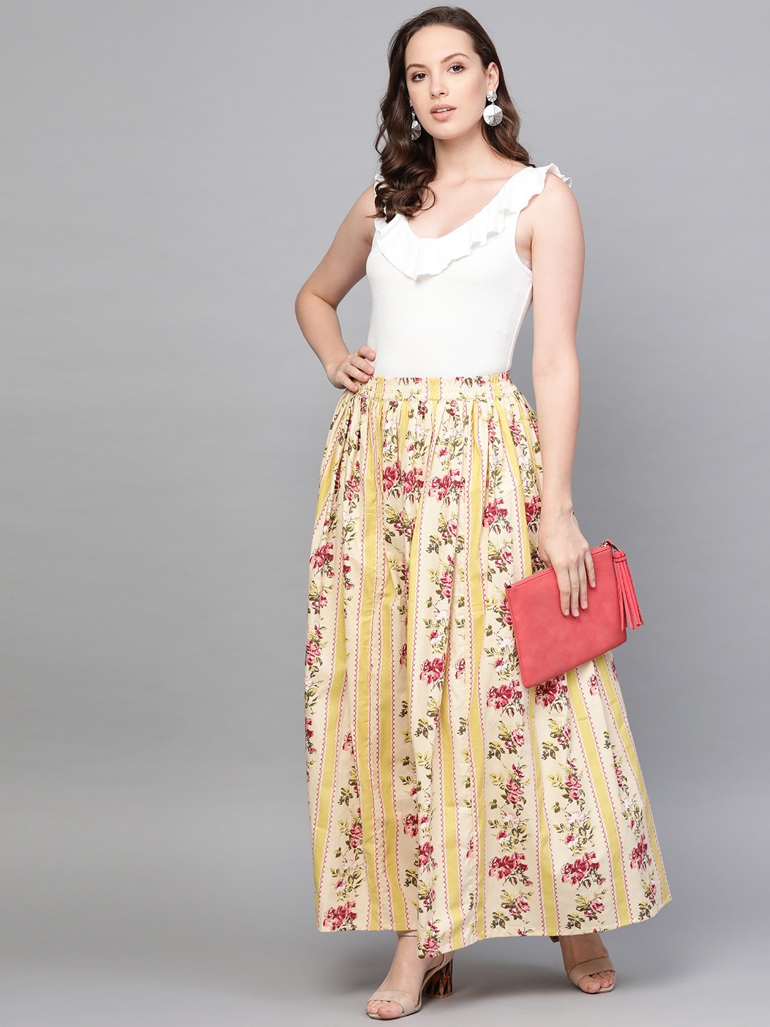 Women Yellow & Pink Floral Printed Flared Skirt | NOZ2TOZ - Made In INDIA.