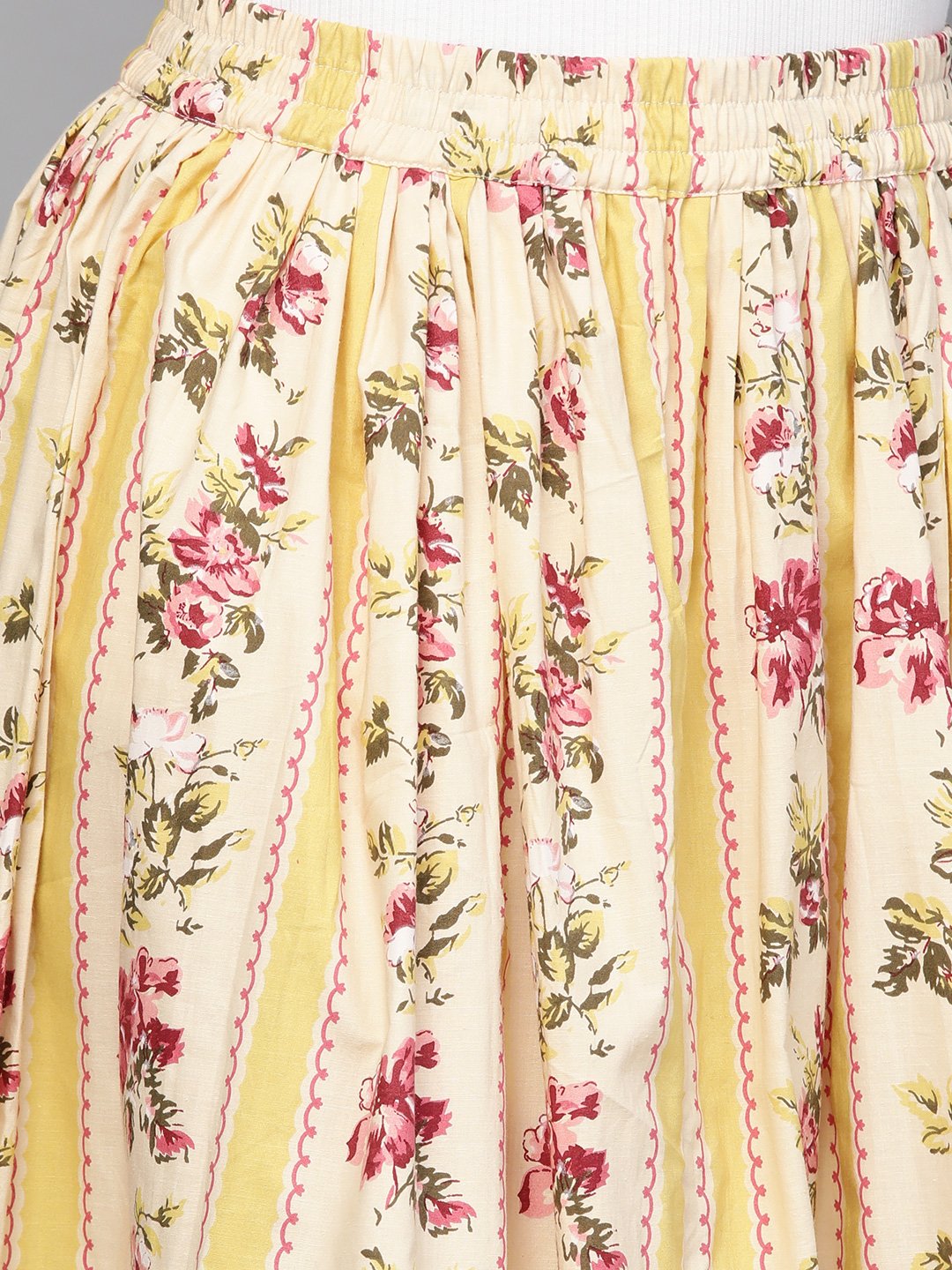 Women Yellow & Pink Floral Printed Flared Skirt | NOZ2TOZ - Made In INDIA.