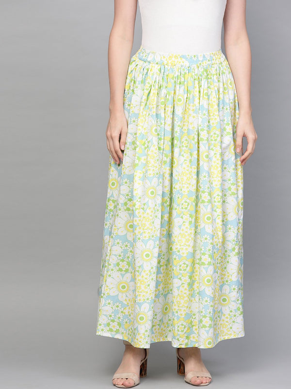 Women Blue & Yellow Floral Printed Flared Skirt | NOZ2TOZ - Made In INDIA.