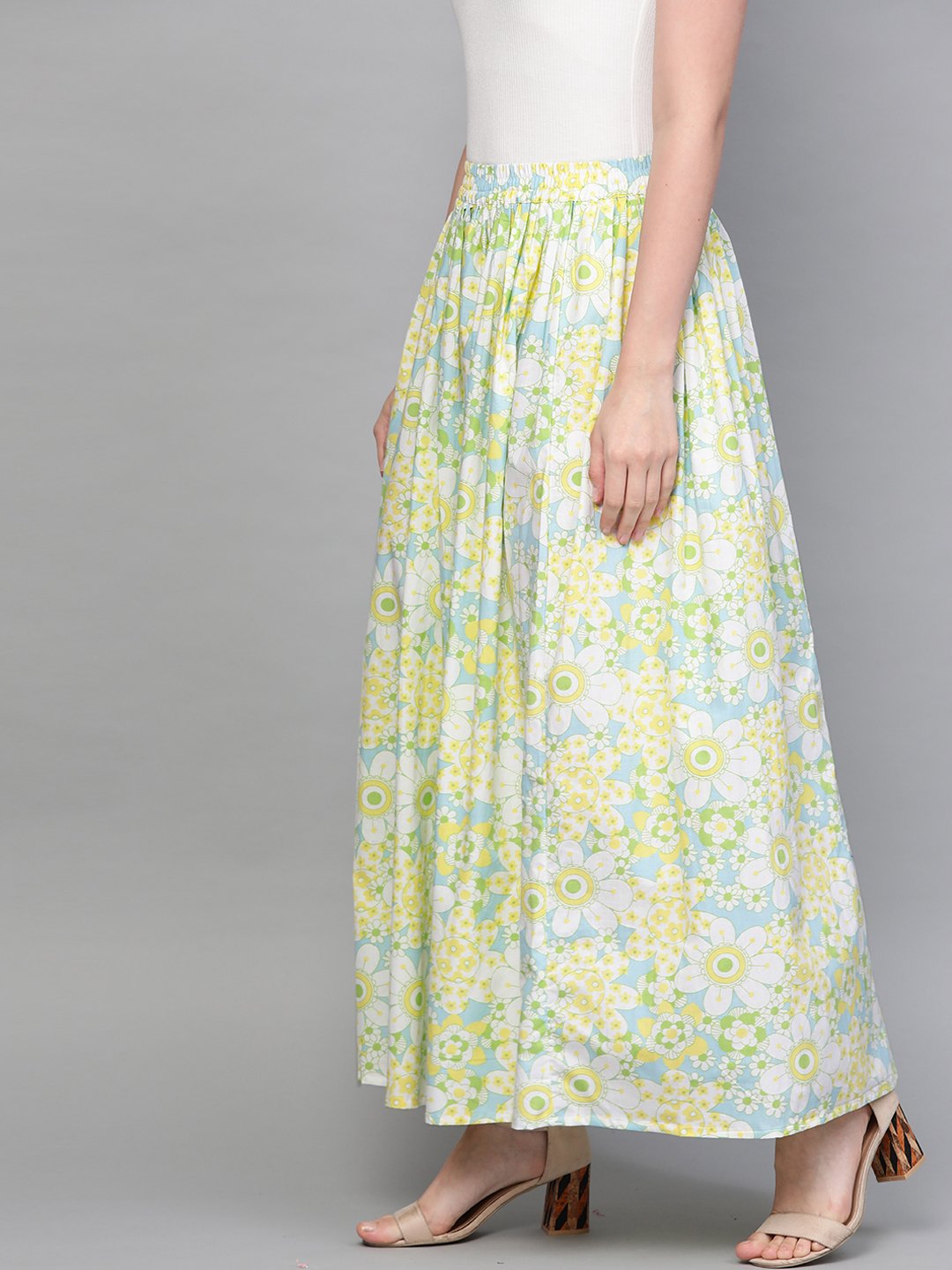 Women Blue & Yellow Floral Printed Flared Skirt | NOZ2TOZ - Made In INDIA.