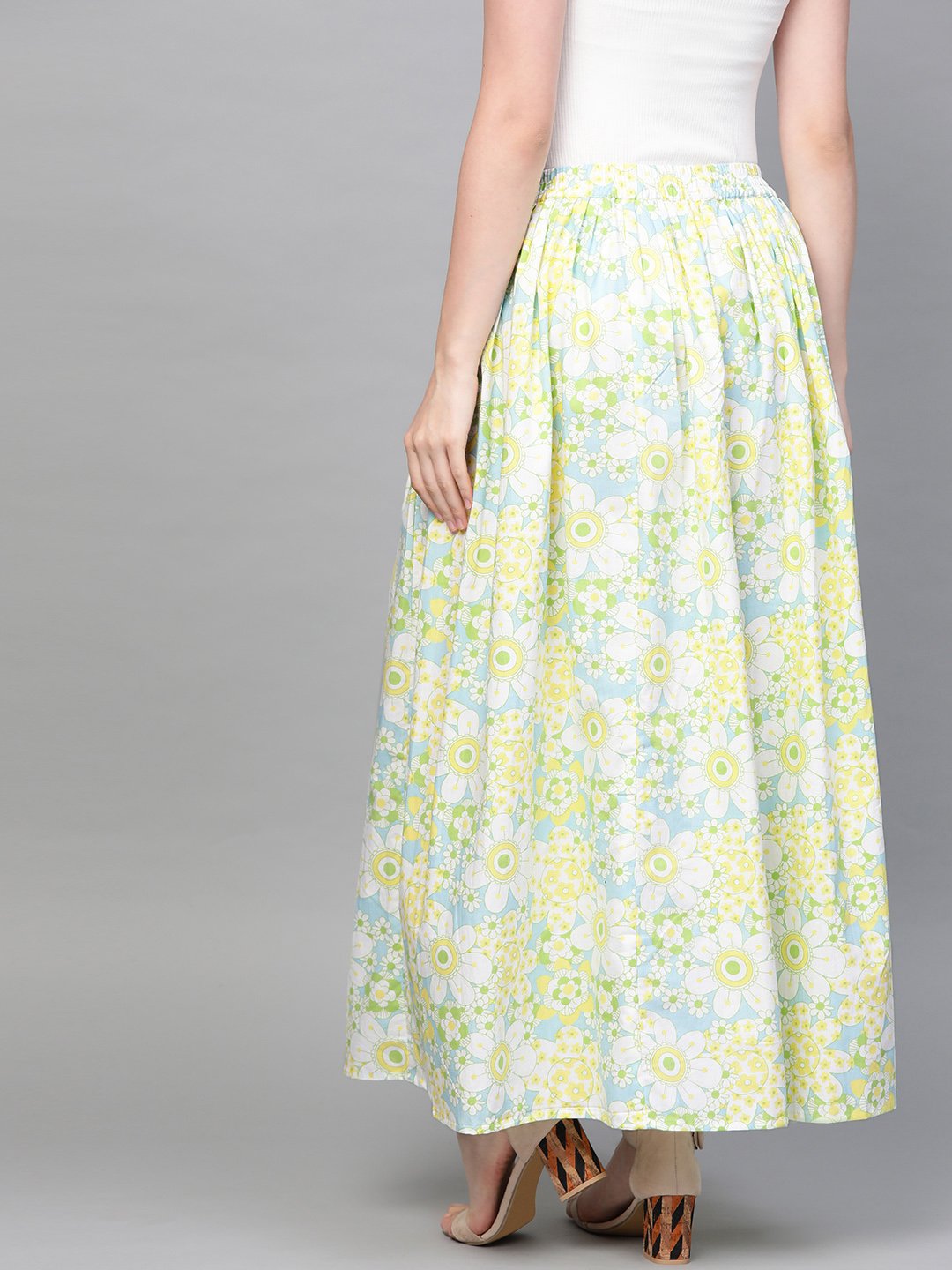 Women Blue & Yellow Floral Printed Flared Skirt | NOZ2TOZ - Made In INDIA.