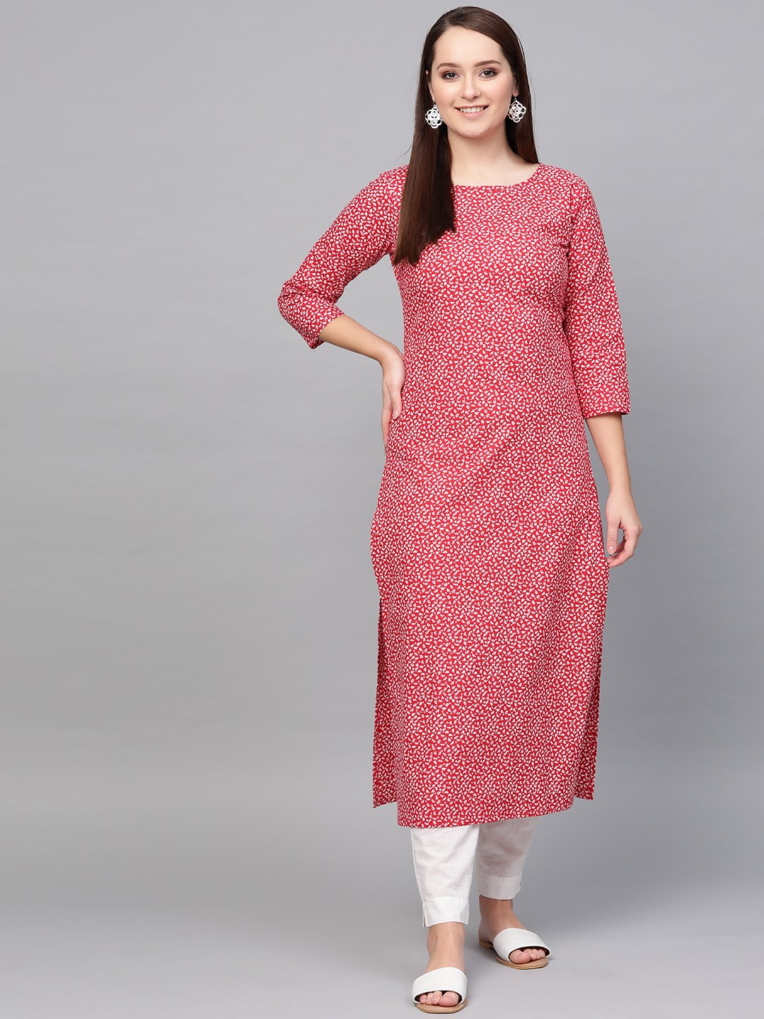 Women Red & White Floral Printed Straight Kurta | NOZ2TOZ - Made In INDIA.