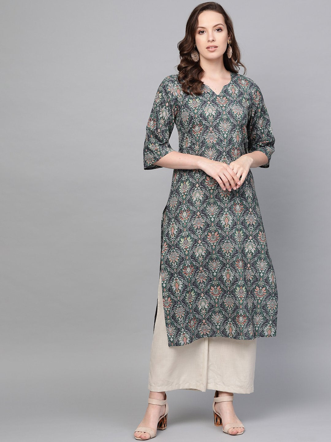 Women Navy Blue & Multi Floral Printed Straight V-Neck Kurta | NOZ2TOZ - Made In INDIA.