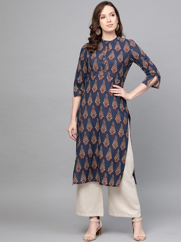 Women Navy Blue & Multi Color Floral Printed Straight Kurta | NOZ2TOZ - Made In INDIA.