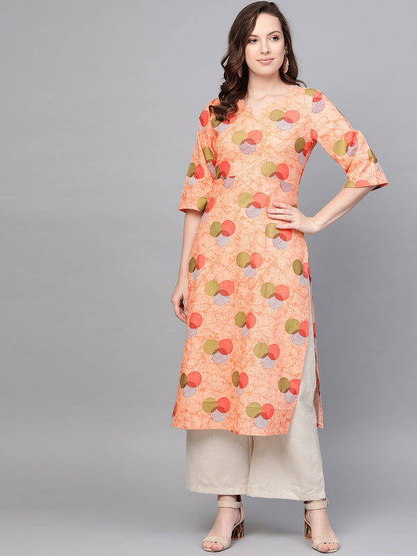 Women Peach & Multi Color Floral Printed Straight Kurta | NOZ2TOZ - Made In INDIA.