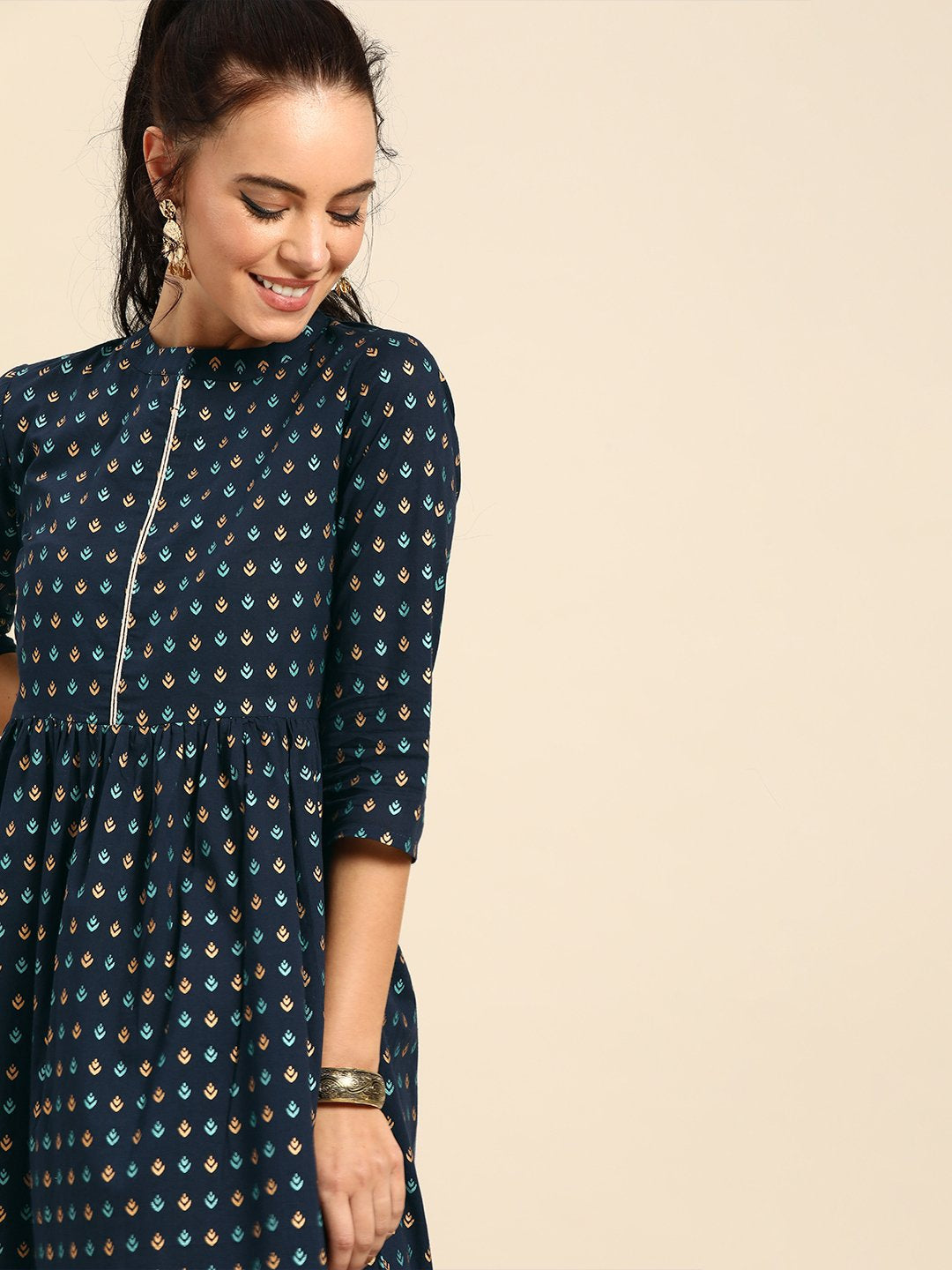 Women Navy Blue Ethnic Motifs Printed Mandarin Collar A-Line Dress | NOZ2TOZ - Made In INDIA.