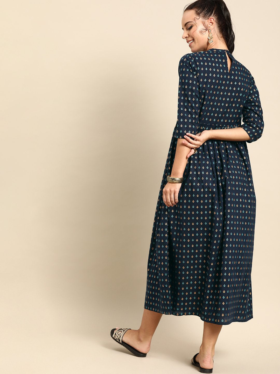 Women Navy Blue Ethnic Motifs Printed Mandarin Collar A-Line Dress | NOZ2TOZ - Made In INDIA.