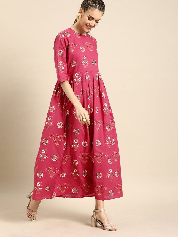 Women Magenta Floral Printed Round Neck A-Line Dress | NOZ2TOZ - Made In INDIA.