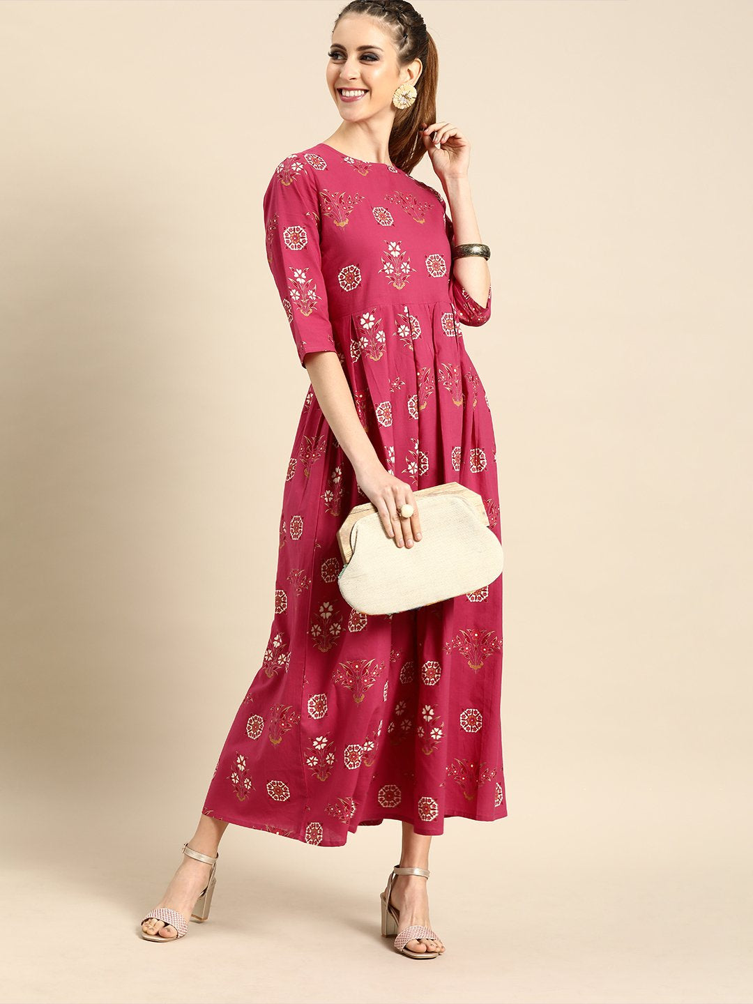 Women Magenta Floral Printed Round Neck A-Line Dress | NOZ2TOZ - Made In INDIA.