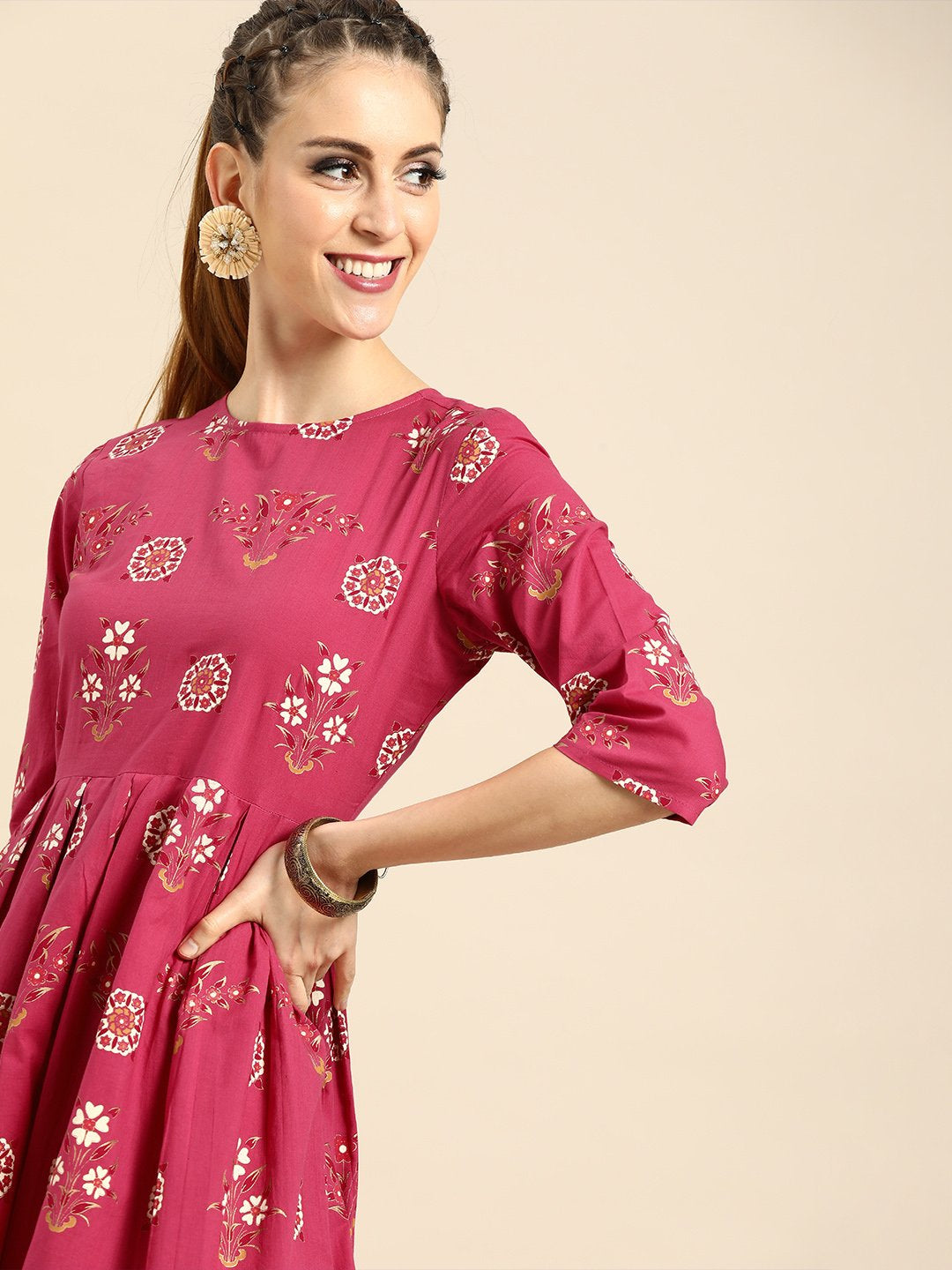 Women Magenta Floral Printed Round Neck A-Line Dress | NOZ2TOZ - Made In INDIA.