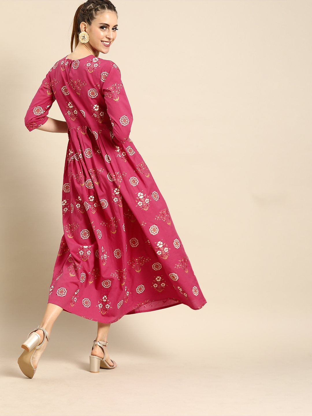 Women Magenta Floral Printed Round Neck A-Line Dress | NOZ2TOZ - Made In INDIA.