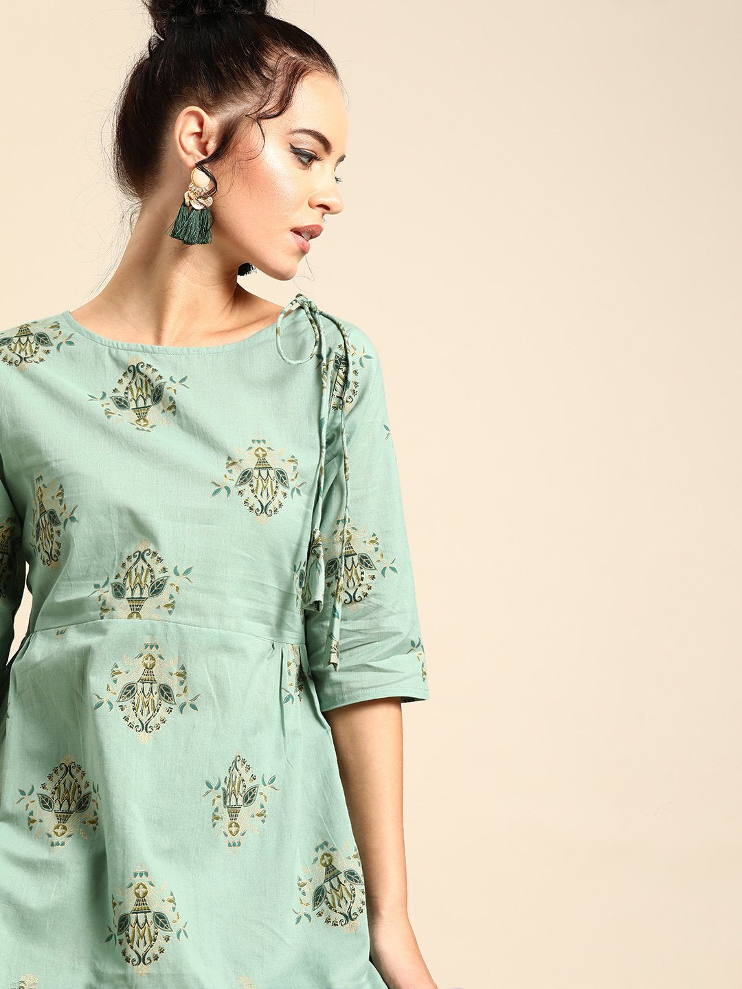 Women Blue Three-Quarter Sleeves Asymmetric Peplum Kurta with Dhoti Pants | NOZ2TOZ - Made In INDIA.