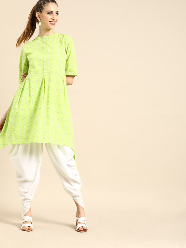 Women Lime Green Three-Quarter Sleeves Asymmetric Kurta with Dhoti Pants | NOZ2TOZ - Made In INDIA.