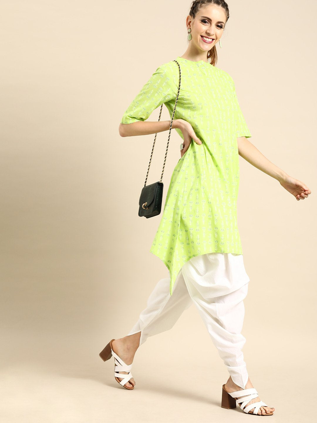 Women Lime Green Three-Quarter Sleeves Asymmetric Kurta with Dhoti Pants | NOZ2TOZ - Made In INDIA.