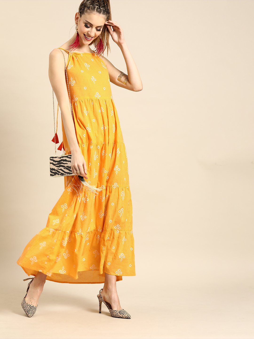 Women Yellow Floral Printed Shoulder Straps Fit and Flare Dress | NOZ2TOZ - Made In INDIA.