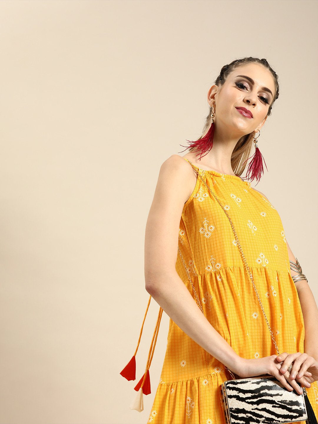 Women Yellow Floral Printed Shoulder Straps Fit and Flare Dress | NOZ2TOZ - Made In INDIA.