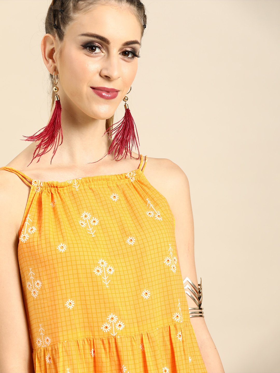 Women Yellow Floral Printed Shoulder Straps Fit and Flare Dress | NOZ2TOZ - Made In INDIA.