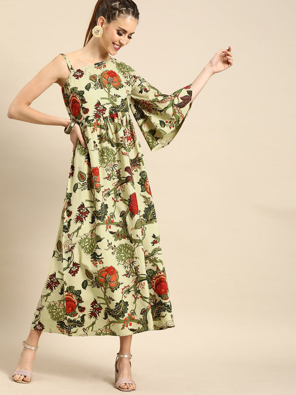 Women Beige Floral Printed One Shoulder Fit and Flare Dress | NOZ2TOZ - Made In INDIA.