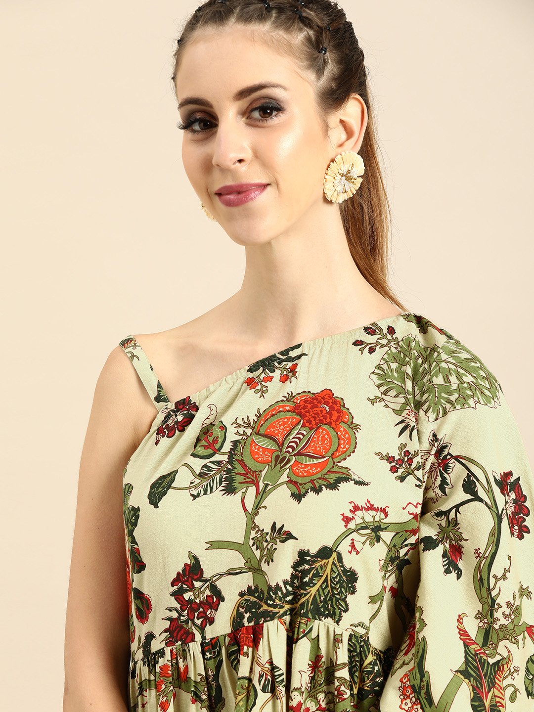 Women Beige Floral Printed One Shoulder Fit and Flare Dress | NOZ2TOZ - Made In INDIA.