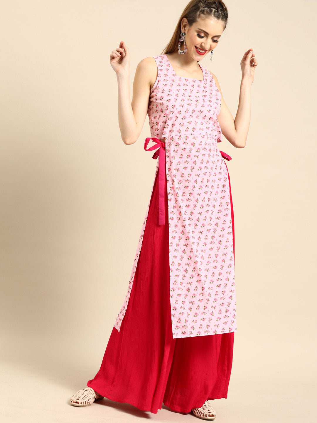 Women Pink Calf Length Sleeveless Straight Floral Printed Cotton Kurta | NOZ2TOZ - Made In INDIA.