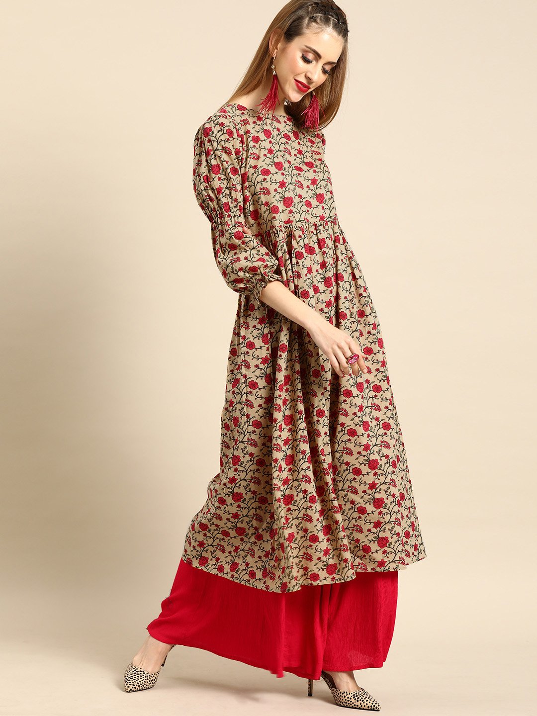 Women Beige Calf Length Three-Quarter Sleeves A-Line Floral Printed Cotton Kurta | NOZ2TOZ - Made In INDIA.