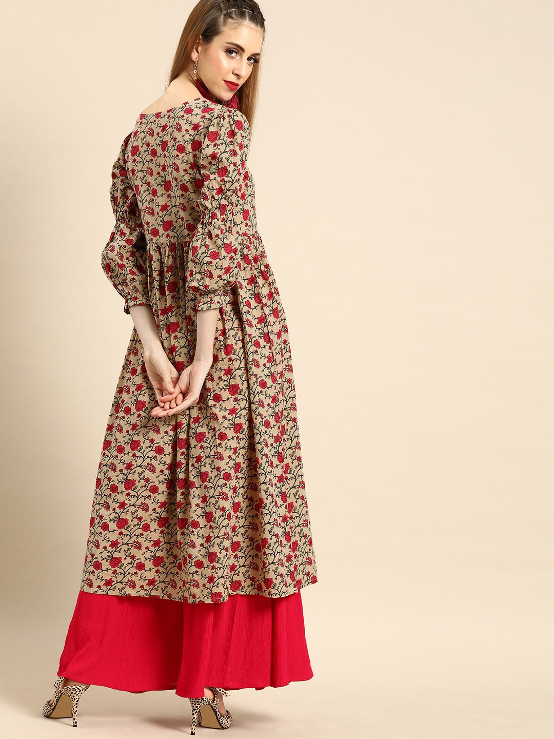 Women Beige Calf Length Three-Quarter Sleeves A-Line Floral Printed Cotton Kurta | NOZ2TOZ - Made In INDIA.