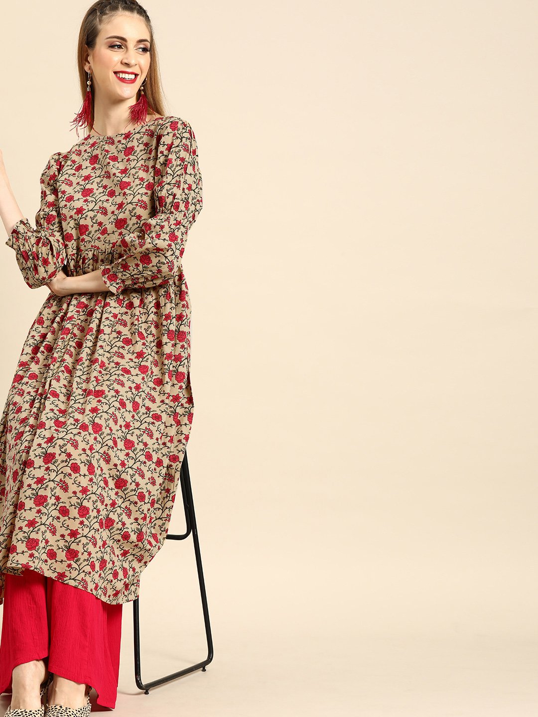 Women Beige Calf Length Three-Quarter Sleeves A-Line Floral Printed Cotton Kurta | NOZ2TOZ - Made In INDIA.