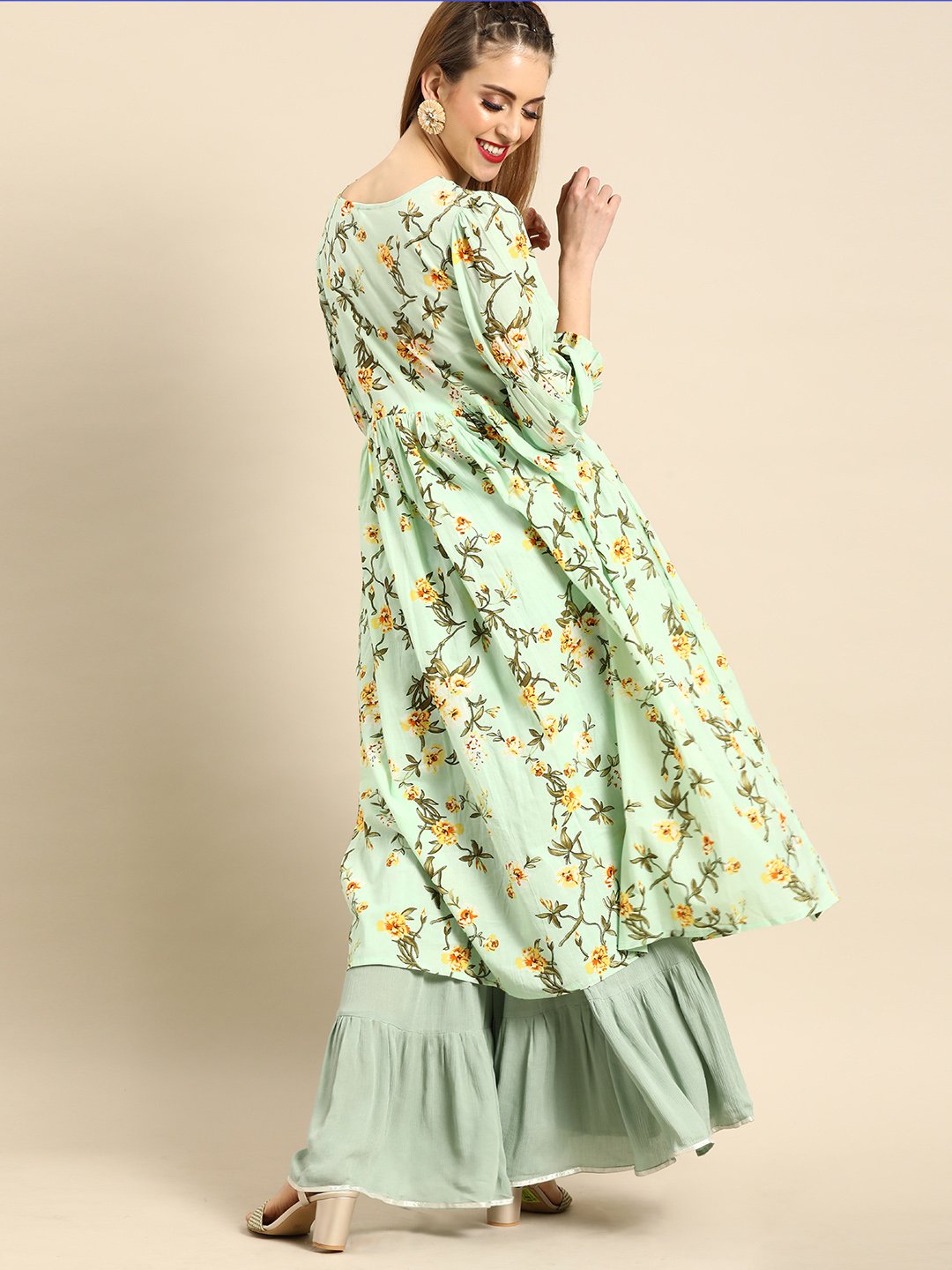 Women Mint Green Calf Length Three-Quarter Sleeves A-Line Floral Printed Cotton Kurta | NOZ2TOZ - Made In INDIA.