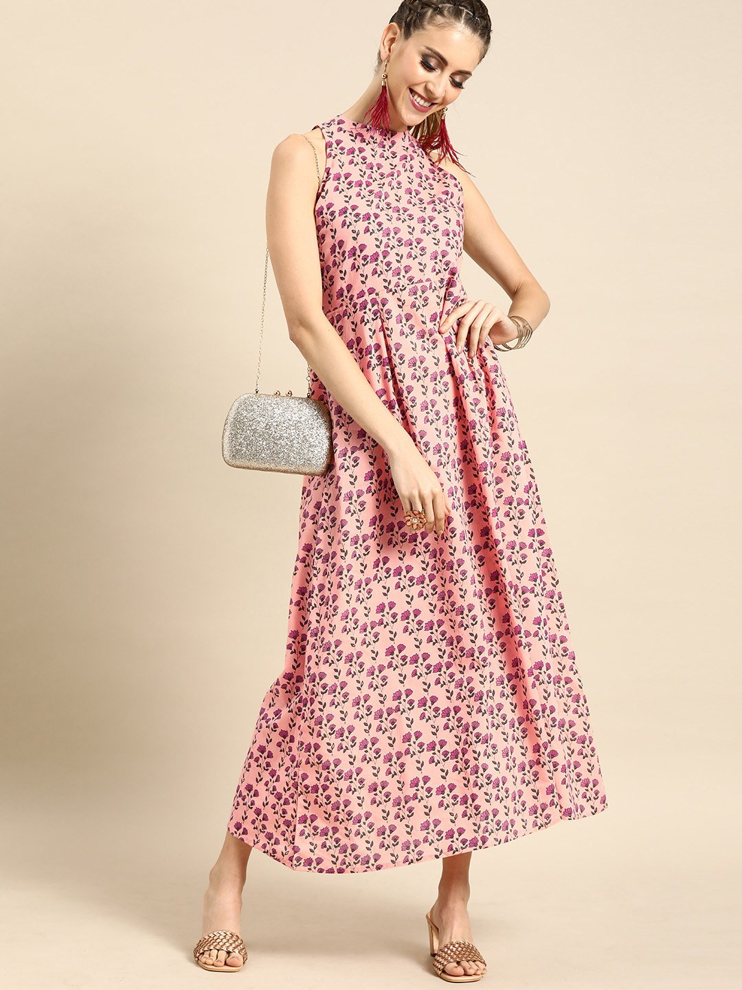 Women Pink Floral Printed Halter Neck A-Line Dress | NOZ2TOZ - Made In INDIA.