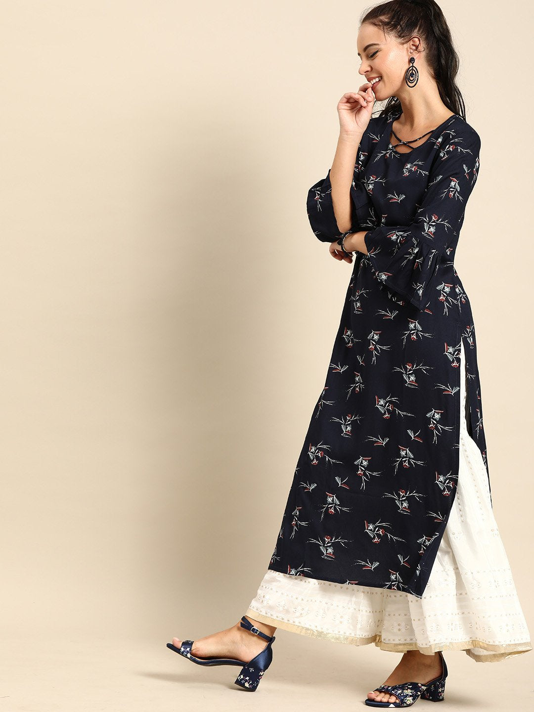 Women Navy Blue Calf Length Three-Quarter Sleeves Straight Floral Printed Cotton Kurta | NOZ2TOZ - Made In INDIA.