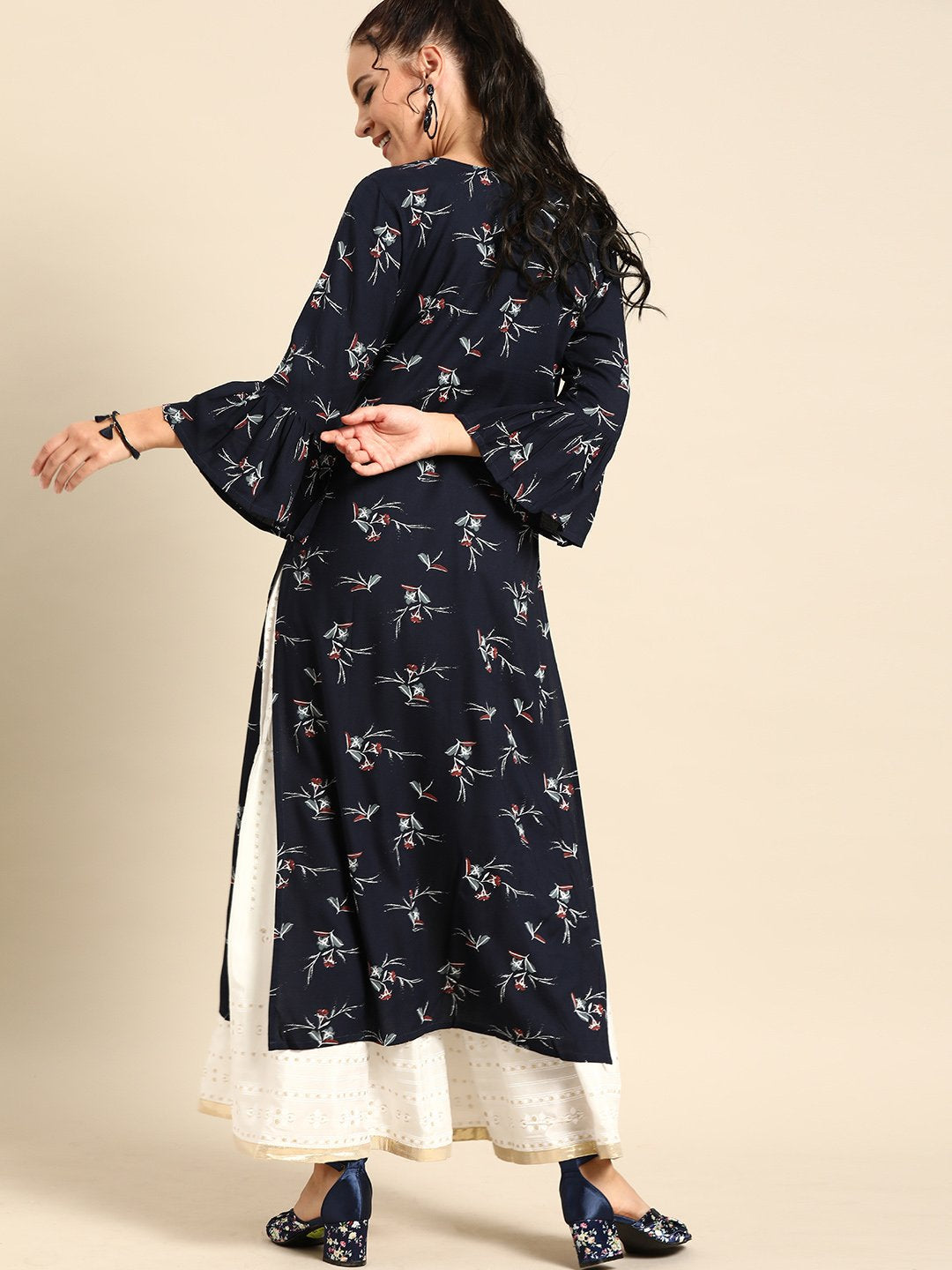 Women Navy Blue Calf Length Three-Quarter Sleeves Straight Floral Printed Cotton Kurta | NOZ2TOZ - Made In INDIA.