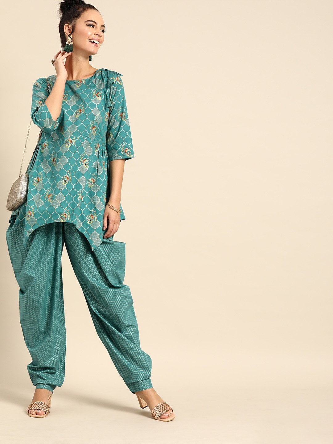 Women Firozi Three-Quarter Sleeves Asymmetric Peplum Kurta with Dhoti Pants | NOZ2TOZ - Made In INDIA.