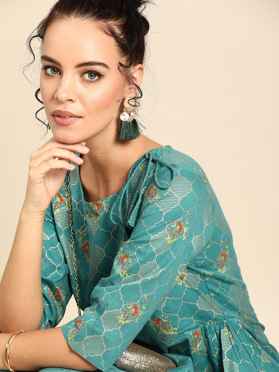 Women Firozi Three-Quarter Sleeves Asymmetric Peplum Kurta with Dhoti Pants | NOZ2TOZ - Made In INDIA.